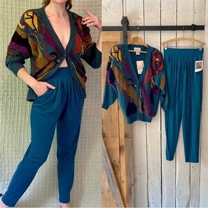 Vintage 90s NWT Teal Jewel Tone Ornate Chenille Sweater Pants Matching Set S/M